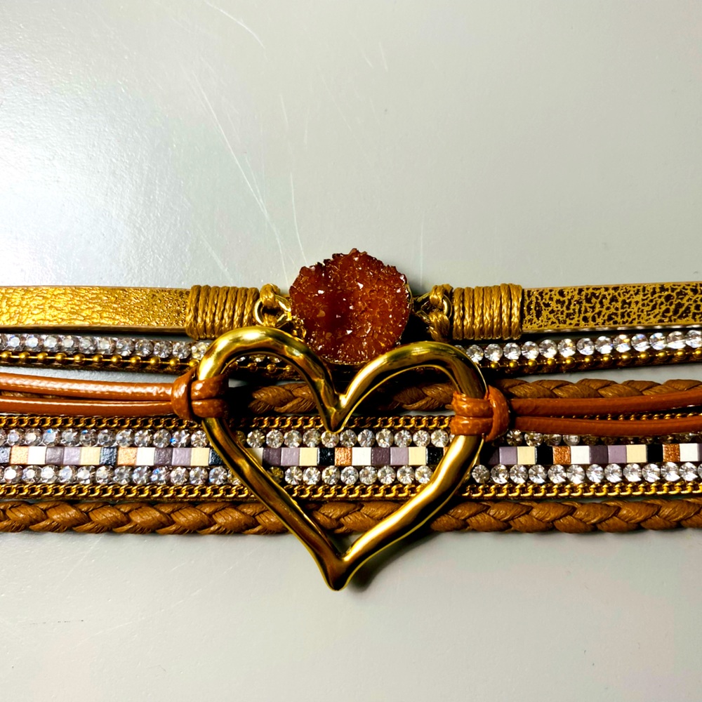 Gem Stone & Heart Leather Bracelet